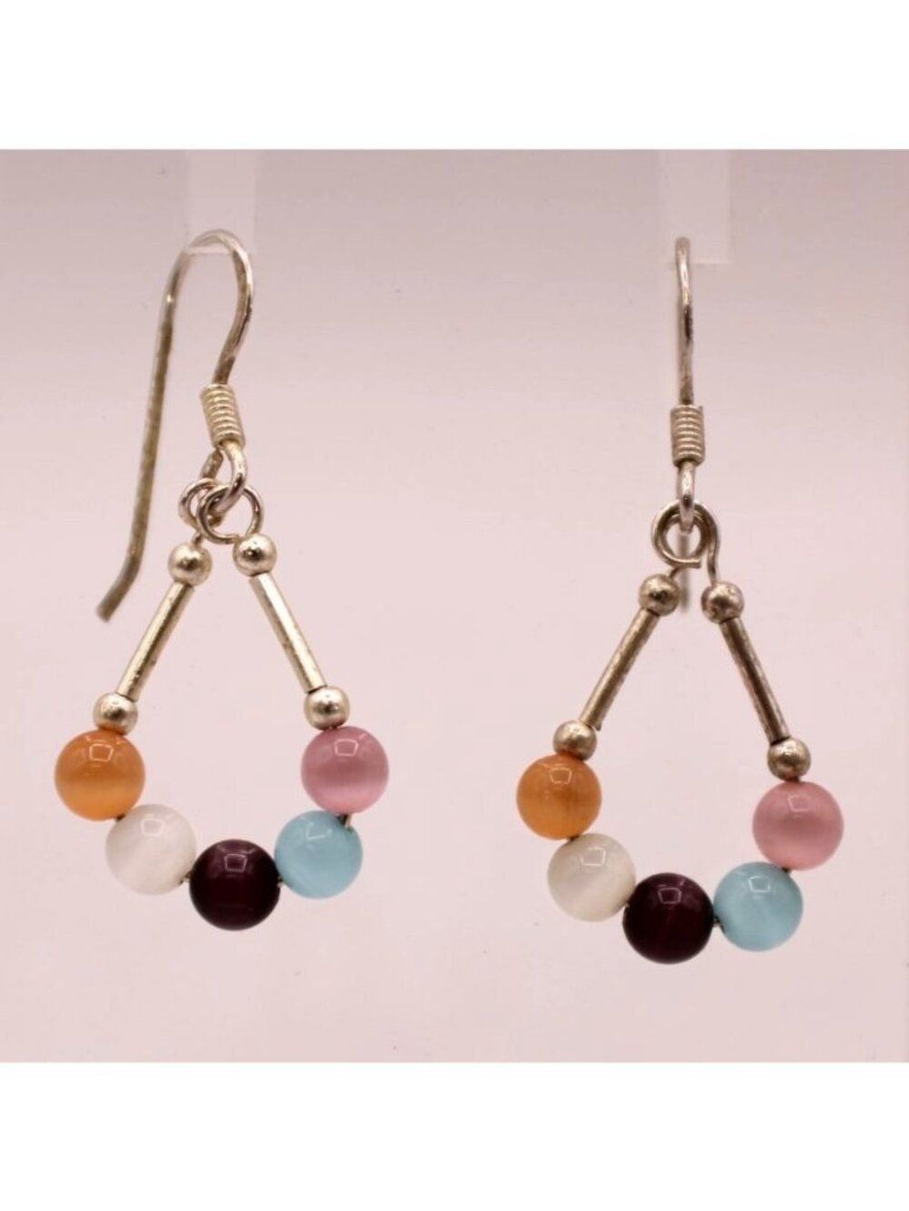 VTG Sterling Silver Multi Color Cats Eye Bead Teardrop Dangle Wire Earrings 925